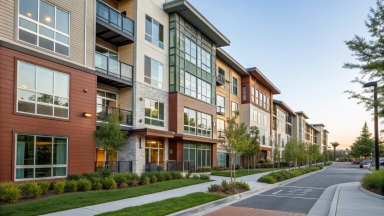 Exterior view of a luxurious modern apartment building in Redwood City, Silicon Valley, showcasing elegant architecture and upscale rental units in the San Francisco Bay Area, California.